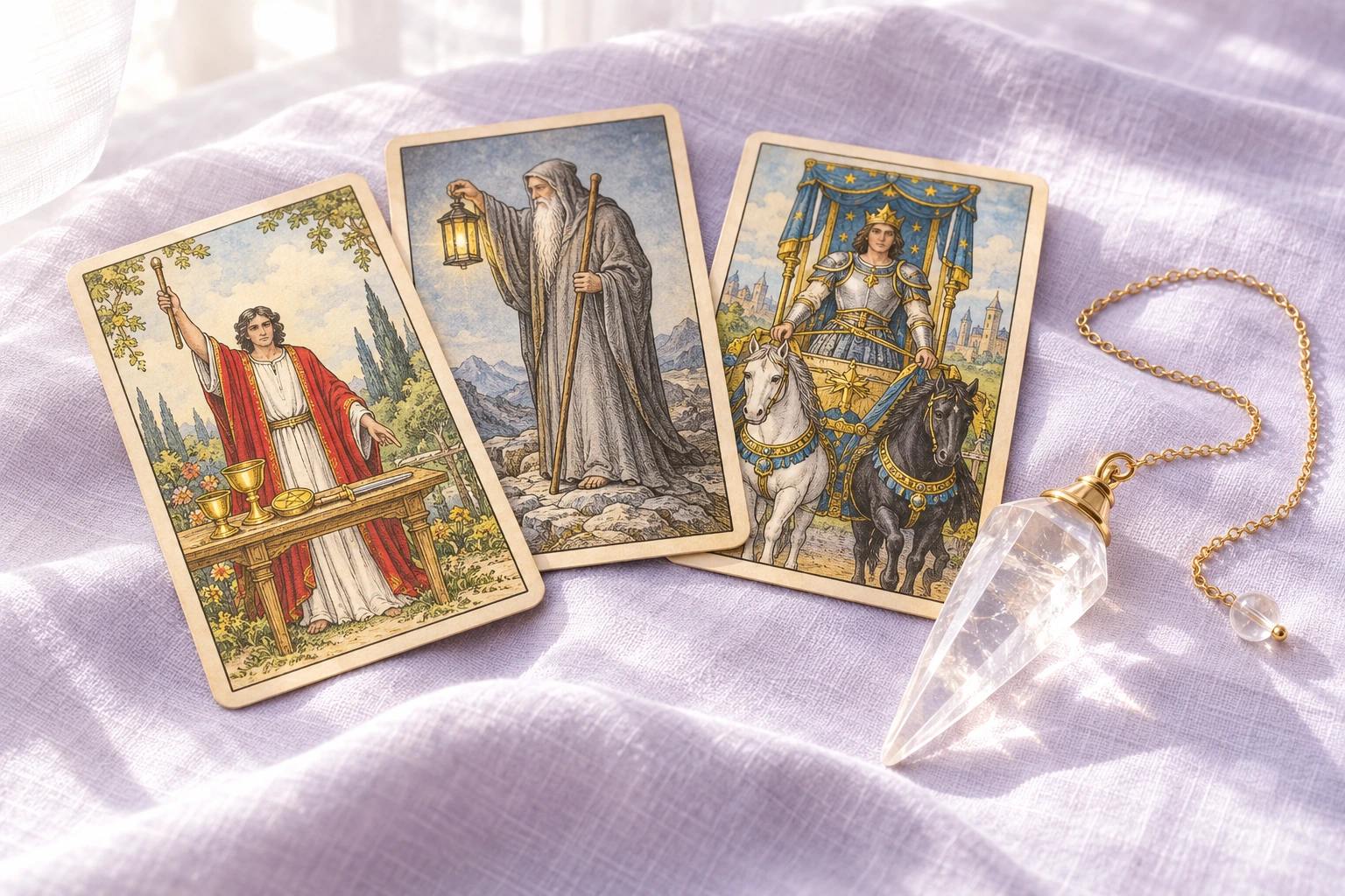 Cartas de tarot y péndulo de cuarzo sobre una tela lavanda iluminada por luz natural