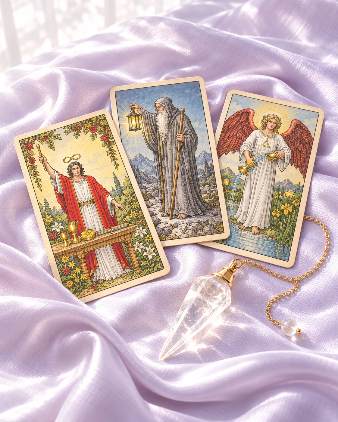 Cartas de tarot y péndulo de cuarzo sobre seda lavanda iluminada por luz natural