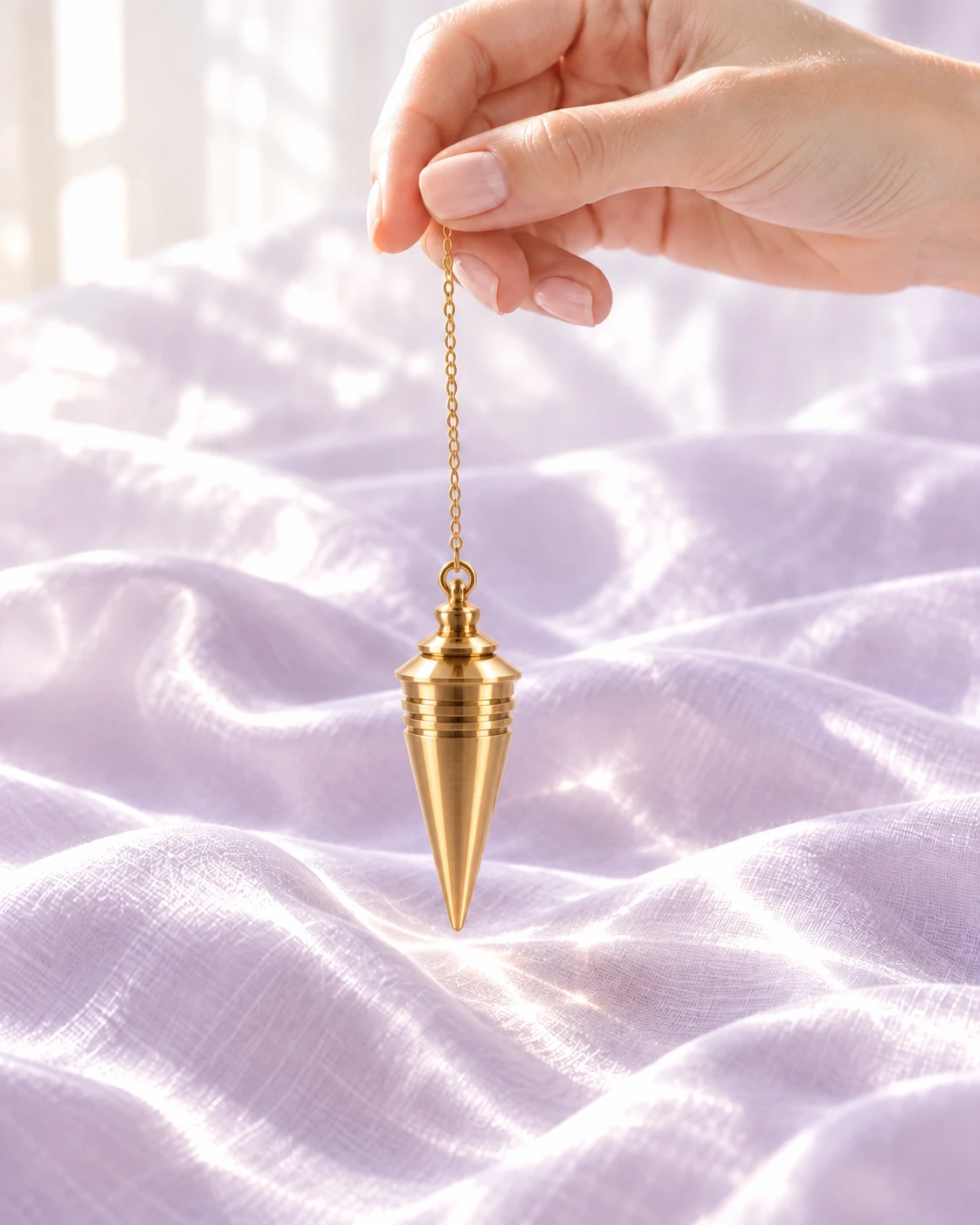 Mano sosteniendo un péndulo de metal dorado sobre seda lavanda iluminada por luz natural