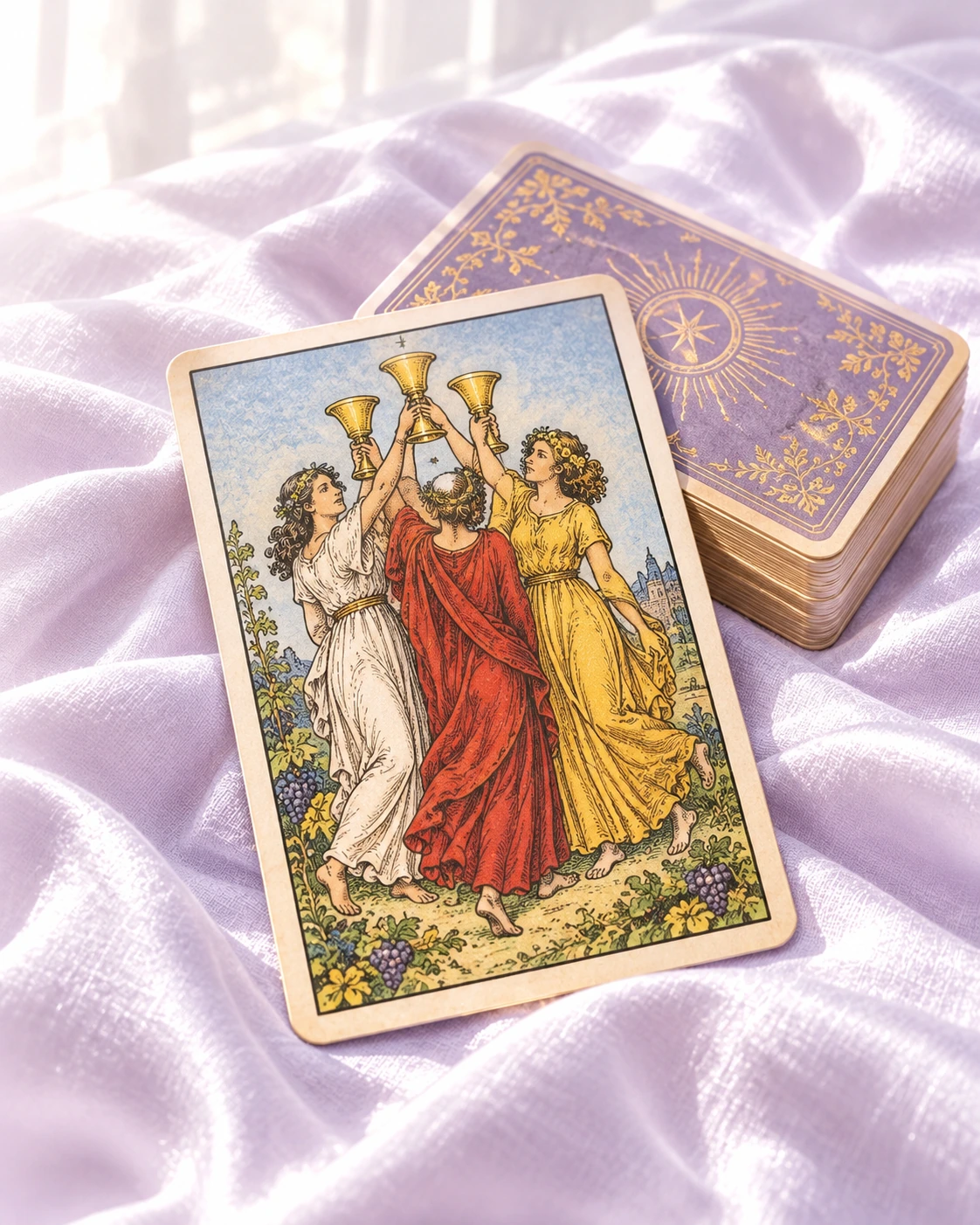 La carta del Tres de Copas junto a un mazo de tarot sobre seda lavanda