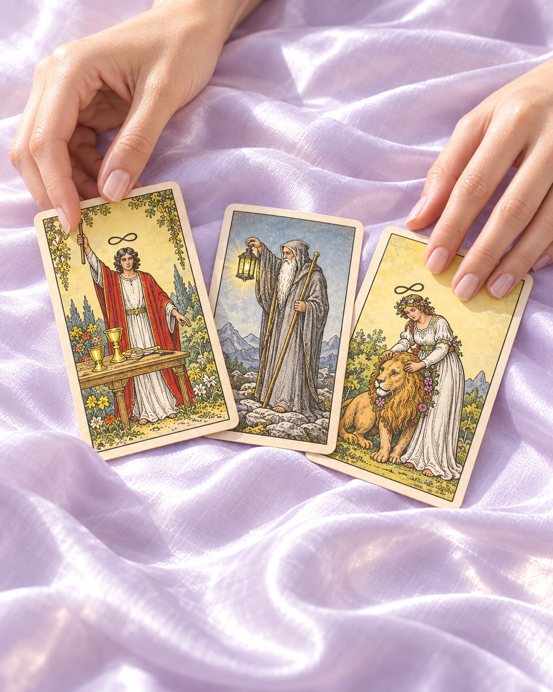 Manos con cartas de tarot sobre una seda lavanda iluminada por luz natural